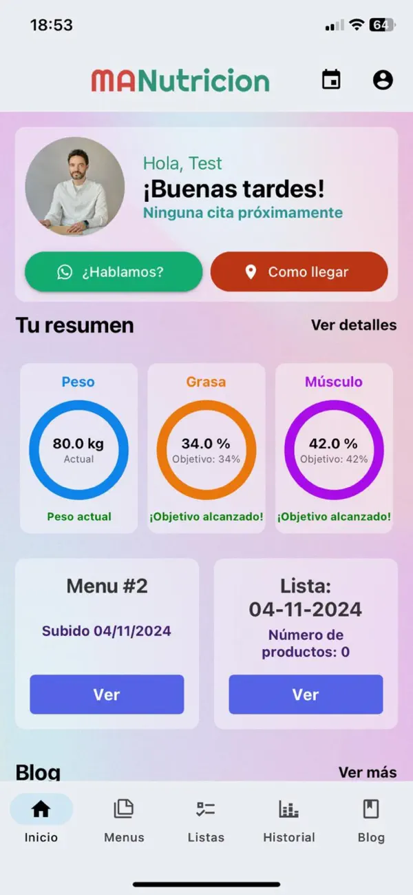Panel de seguimiento de la aplicación MANutricion