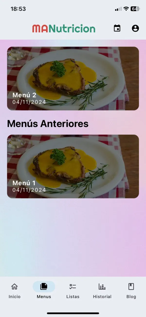 Pantalla de objetivos nutricionales de MANutricion
