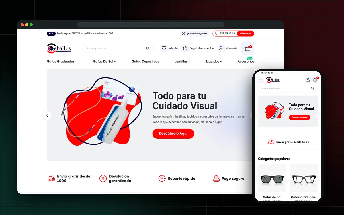 Captura real de la tienda online de Ópticas Ceballos en ordenador y móvil