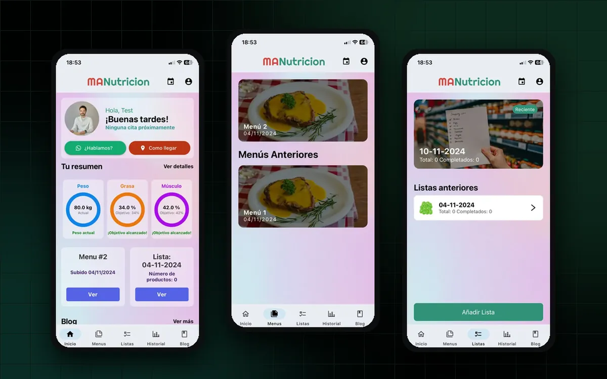 Pantallas reales de la app MANutricion