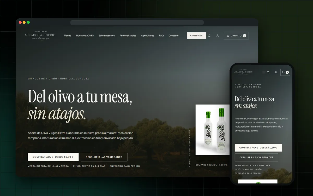 Captura real de la tienda online de Mirador de Riofrío en ordenador y móvil
