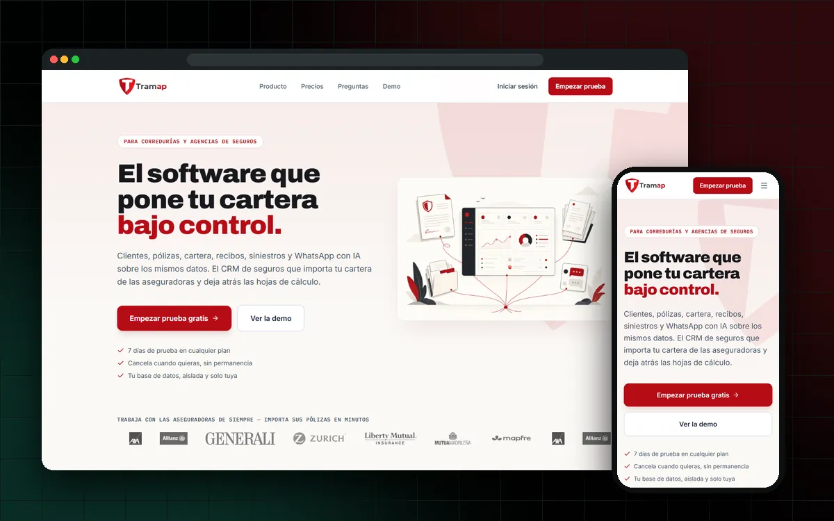 Captura real de tramap.es, software para corredurías de seguros, en ordenador y móvil
